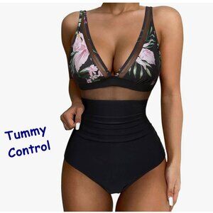 New Suuksess Mesh Tummy Control Swimsuit Push‎ Up High Waisted Bathing Suit